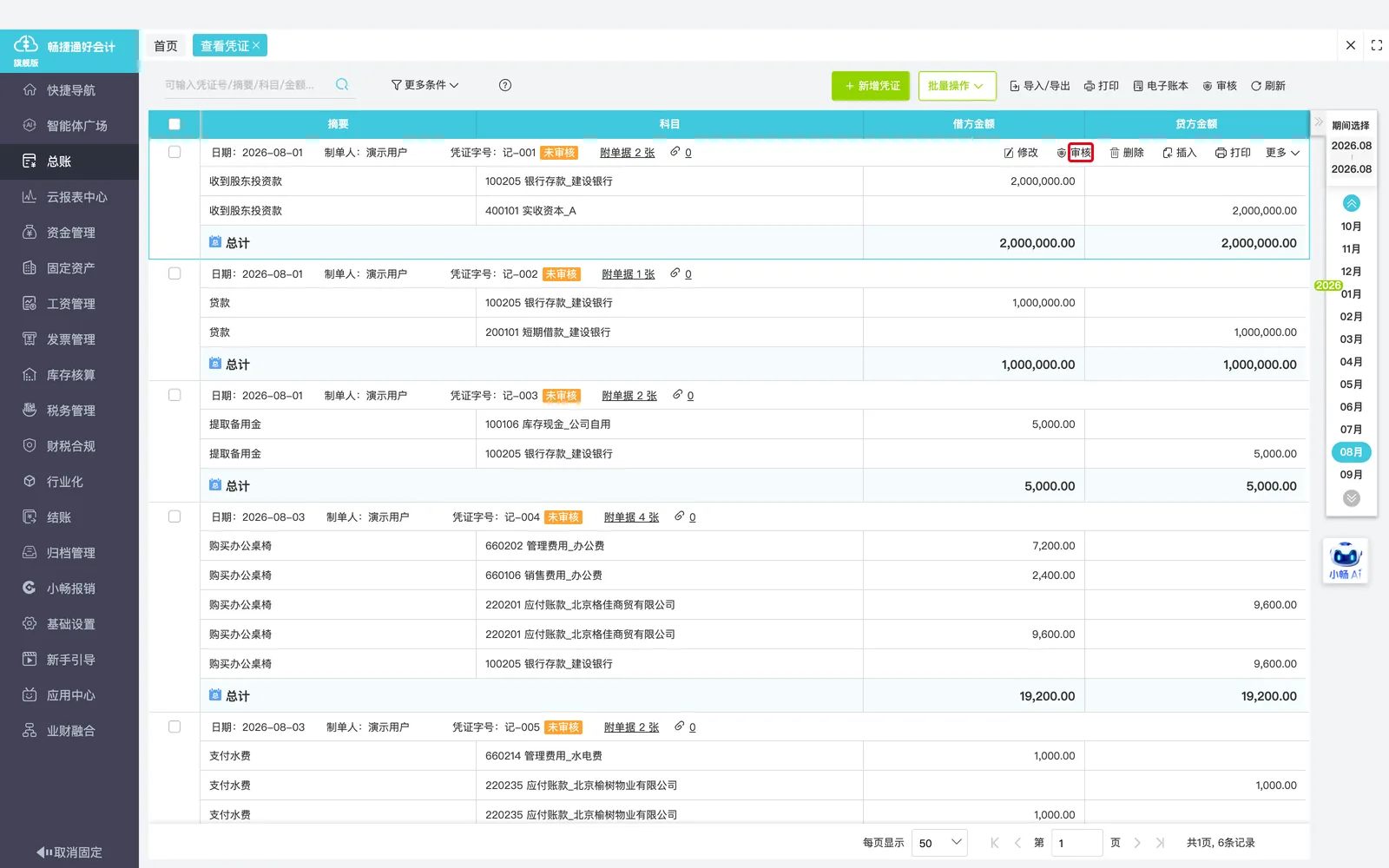 2. 单张审核：鼠标滑过某张凭证列表时进行单张审核。；演示环境实拍，红框标注「SPAN@1233,167 24x17」。
