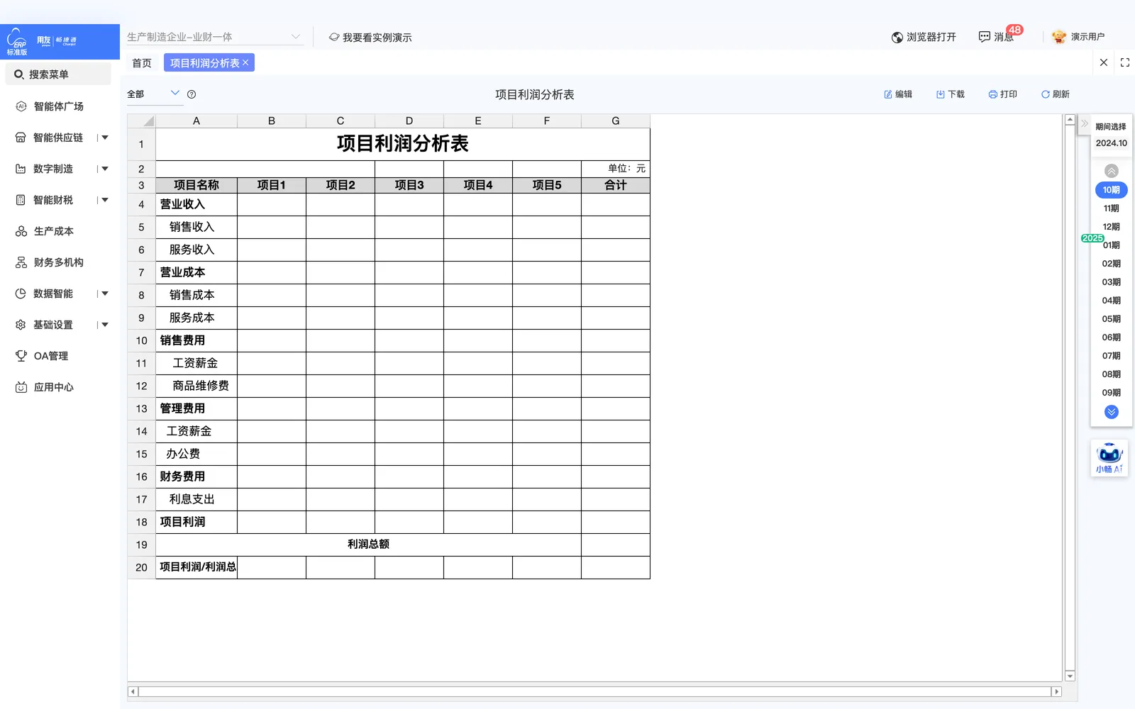 项目利润分析表主界面