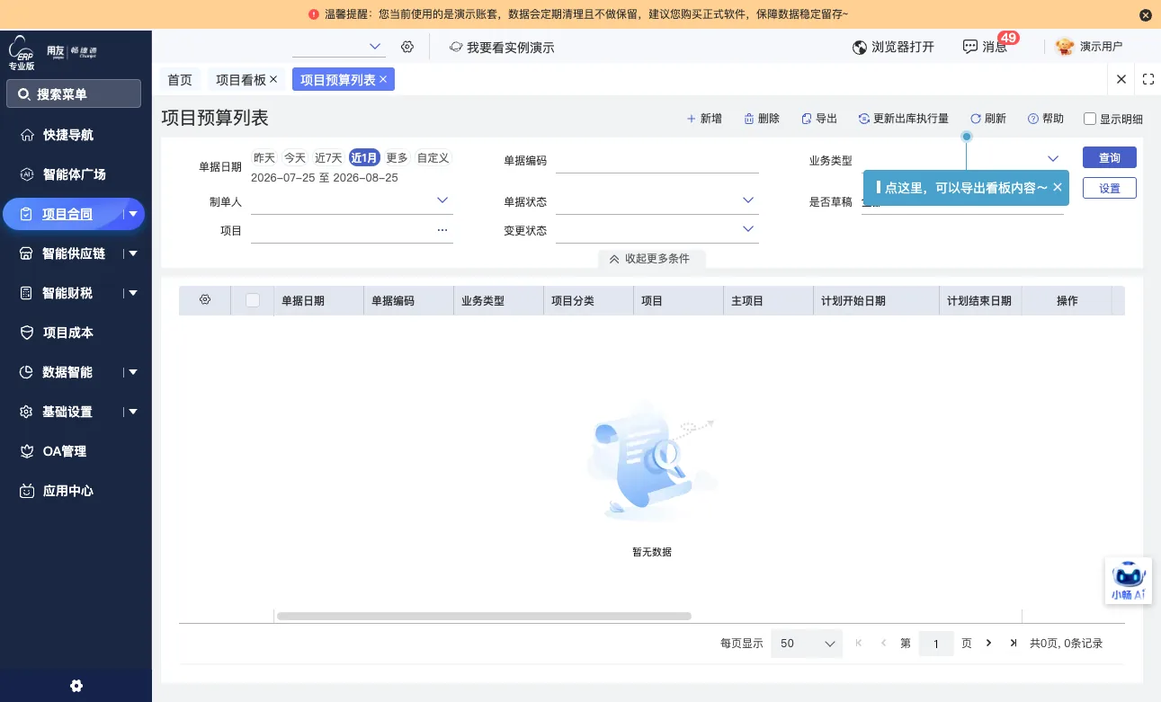 图示：好业财项目预算管理功能界面，演示环境实拍。